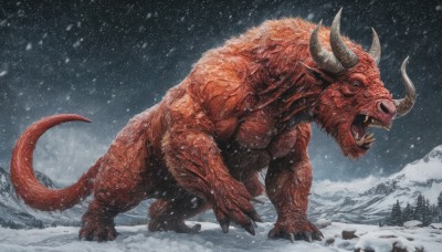 solo,open mouth,standing,tail,full body,outdoors,horns,sky,teeth,tree,pokemon (creature),no humans,fangs,sharp teeth,nature,claws,snow,forest,monster,snowing,mountain,tusks,colored skin,realistic,winter