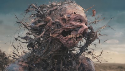 solo,open mouth,blue eyes,outdoors,sky,teeth,day,cloud,blurry,tree,blue sky,no humans,1other,monster,creature,extra eyes,eldritch abomination,tongue,armor,cloudy sky,scenery,skeleton,bare tree,horror (theme)