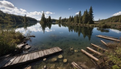 outdoors,sky,day,cloud,water,tree,blue sky,no humans,bird,ocean,cloudy sky,grass,plant,ground vehicle,nature,scenery,motor vehicle,forest,rock,watercraft,ruins,bridge,river,landscape,lily pad,log,reflection,mountain,lake