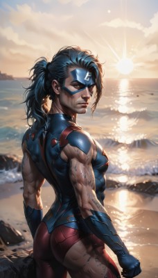 1girl,solo,long hair,breasts,looking at viewer,blue eyes,black hair,gloves,holding,brown eyes,blue hair,standing,ponytail,ass,cowboy shot,outdoors,sky,looking back,cloud,water,from behind,lips,bodysuit,mask,muscular,ocean,beach,skin tight,lens flare,sunset,rock,nose,sand,sun,muscular female,dirty,superhero,blue bodysuit,1boy,male focus,sunlight,realistic,facepaint,domino mask,sunrise