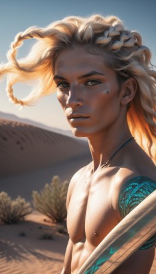 solo,long hair,looking at viewer,blonde hair,brown hair,1boy,brown eyes,jewelry,nipples,upper body,braid,male focus,multicolored hair,outdoors,parted lips,sky,day,artist name,dark skin,necklace,blurry,two-tone hair,lips,grey eyes,tattoo,muscular,floating hair,blurry background,facial mark,pectorals,wind,side braid,freckles,topless male,realistic,nose,sand,facial tattoo,cyborg,desert,multiple braids,from side,piercing,sunlight,thick eyebrows,backlighting