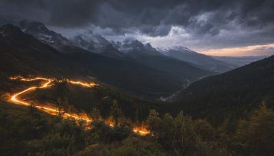 outdoors,sky,cloud,tree,no humans,cloudy sky,grass,fire,nature,scenery,forest,mountain,landscape,mountainous horizon,night,fantasy,dark,lightning,hill