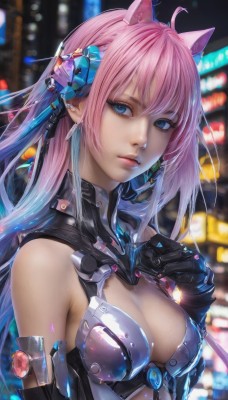 1girl,solo,long hair,breasts,looking at viewer,bangs,blue eyes,hair ornament,gloves,animal ears,cleavage,bare shoulders,jewelry,medium breasts,blue hair,upper body,pink hair,ahoge,multicolored hair,earrings,black gloves,elbow gloves,cat ears,blurry,lips,clothing cutout,gradient hair,blurry background,headgear,cleavage cutout,science fiction,fake animal ears,hand on own chest,realistic