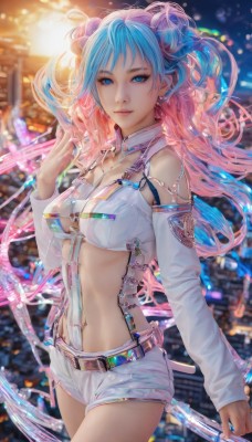 1girl,solo,long hair,breasts,looking at viewer,smile,bangs,blue eyes,long sleeves,navel,cleavage,bare shoulders,jewelry,medium breasts,underwear,blue hair,pink hair,multicolored hair,cowboy shot,earrings,detached sleeves,shorts,midriff,belt,hand up,hair bun,nail polish,bra,blurry,two-tone hair,lips,see-through,short shorts,clothing cutout,double bun,gradient hair,depth of field,blurry background,piercing,suspenders,revealing clothes,blue nails,white shorts,realistic,navel piercing,holding,closed mouth,standing,weapon,sword,artist name,signature,necklace,holding weapon,makeup,detached collar,underboob,night,buckle,lens flare,backlighting,arm at side,pink lips,nose,cityscape,bokeh,city lights