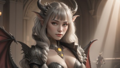 1girl,solo,long hair,breasts,looking at viewer,bangs,large breasts,animal ears,cleavage,medium breasts,closed mouth,upper body,braid,white hair,grey hair,wings,horns,solo focus,pointy ears,artist name,indoors,armor,blurry,twin braids,lips,grey eyes,makeup,sunlight,demon girl,demon horns,shoulder armor,demon wings,pauldrons,light rays,nose,red lips,jewelry,green eyes,blurry background,realistic