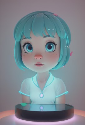 1girl,solo,breasts,looking at viewer,blush,short hair,open mouth,bangs,blue eyes,shirt,hair ornament,blue hair,white shirt,upper body,short sleeves,small breasts,parted lips,food,teeth,aqua eyes,lips,eyelashes,aqua hair,child,freckles,female child,simple background,see-through