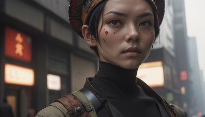 1girl,solo,looking at viewer,short hair,brown hair,shirt,black hair,brown eyes,closed mouth,jacket,upper body,outdoors,blurry,lips,black shirt,blood,depth of field,blurry background,turtleneck,backpack,goggles,building,portrait,blood on face,realistic,nose,cyberpunk,hat,bodysuit,freckles,brown headwear