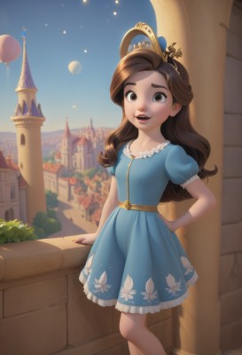 1girl,solo,long hair,looking at viewer,smile,open mouth,brown hair,dress,brown eyes,standing,collarbone,short sleeves,outdoors,parted lips,sky,teeth,day,puffy sleeves,nail polish,blue sky,puffy short sleeves,lips,hand on hip,feet out of frame,blue dress,floral print,moon,tiara,crown,building,child,city,female child,balloon,castle,princess,hair ornament,frills,night