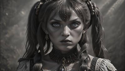 1girl,solo,long hair,looking at viewer,bangs,blue eyes,hair ornament,twintails,jewelry,collarbone,monochrome,braid,greyscale,earrings,parted lips,teeth,choker,blurry,twin braids,collar,lips,grey eyes,eyelashes,depth of field,blurry background,portrait,spot color,realistic,black hair,artist name,sunlight,brooch,gem,close-up,freckles