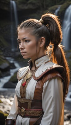 1girl,solo,long hair,brown hair,black hair,long sleeves,brown eyes,jewelry,closed mouth,upper body,ponytail,outdoors,belt,water,armor,blurry,black eyes,lips,sash,depth of field,blurry background,high ponytail,realistic,nose,hair tie,waterfall,sunlight