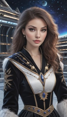 1girl,solo,long hair,breasts,looking at viewer,brown hair,long sleeves,dress,brown eyes,jewelry,closed mouth,upper body,earrings,sky,necklace,black dress,lips,fur trim,makeup,night,wavy hair,moon,lipstick,gem,star (sky),night sky,starry sky,freckles,curly hair,realistic,nose,red lips,space,planet,earth (planet),collarbone,artist name,full moon