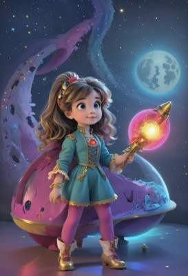 1girl,solo,long hair,smile,brown hair,hair ornament,long sleeves,dress,holding,brown eyes,jewelry,standing,full body,ponytail,pantyhose,hairband,boots,sky,necklace,black eyes,bracelet,lips,night,blue dress,moon,gem,child,star (sky),night sky,full moon,starry sky,wand,female child,magic,space,planet,octopus,spacecraft,skirt,parted lips,star (symbol)