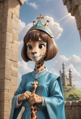 1girl,solo,smile,short hair,bangs,brown hair,long sleeves,dress,holding,animal ears,brown eyes,jewelry,closed mouth,standing,upper body,weapon,outdoors,sky,day,cloud,signature,wide sleeves,necklace,holding weapon,blue sky,blue dress,bird,animal,sunlight,bob cut,cross,tiara,crown,building,furry,robe,furry female,sun,wall,brick wall,castle,tower,snout,facepaint