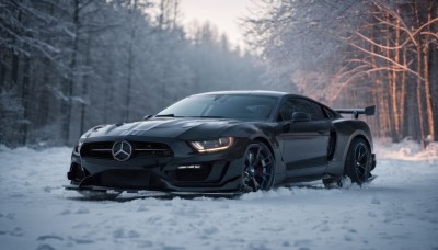 outdoors,tree,no humans,ground vehicle,nature,scenery,motor vehicle,snow,forest,snowing,car,winter,vehicle focus,bare tree,wheel,sports car,solo,from side