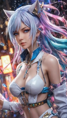 1girl,solo,long hair,breasts,looking at viewer,bangs,blue eyes,large breasts,hair ornament,navel,animal ears,cleavage,bare shoulders,jewelry,medium breasts,blue hair,swimsuit,upper body,ponytail,pink hair,bikini,multicolored hair,earrings,parted lips,detached sleeves,midriff,cat ears,necklace,blurry,two-tone hair,lips,see-through,gradient hair,detached collar,blurry background,gem,realistic,nose,long sleeves,closed mouth,underwear,sidelocks,outdoors,artist name,signature,stomach,night,floating hair,depth of field,piercing,revealing clothes,lantern,water drop,navel piercing,bokeh