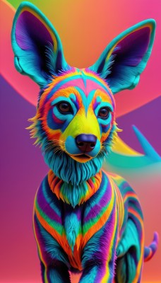 solo,looking at viewer,brown eyes,tail,blurry,no humans,depth of field,animal,looking up,realistic,chinese zodiac,animal focus,multicolored background,whiskers,colorful,standing,upper body,gradient,watermark,web address,dog,chromatic aberration