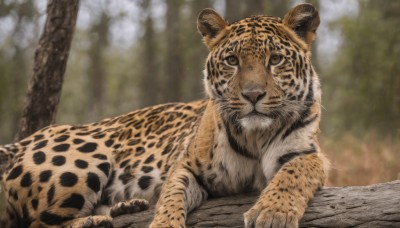 solo,looking at viewer,brown eyes,closed mouth,outdoors,lying,day,blurry,tree,no humans,depth of field,blurry background,animal,on stomach,nature,forest,realistic,animal focus,tiger