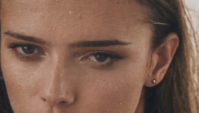 1girl,solo,looking at viewer,brown hair,1boy,brown eyes,jewelry,male focus,earrings,black eyes,eyelashes,piercing,ear piercing,portrait,close-up,realistic,stud earrings,eye focus,black hair,freckles