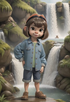 1girl,solo,looking at viewer,smile,short hair,bangs,brown hair,shirt,long sleeves,brown eyes,standing,jacket,full body,outdoors,shoes,shorts,day,pointy ears,pants,water,lips,hand on hip,buttons,brown footwear,denim,blue jacket,goggles,child,nature,bandaid,pocket,goggles on head,bandaid on face,female child,breast pocket,bandaid on nose,waterfall,denim jacket,hat,bow,hair bow,parted lips,denim shorts,rock