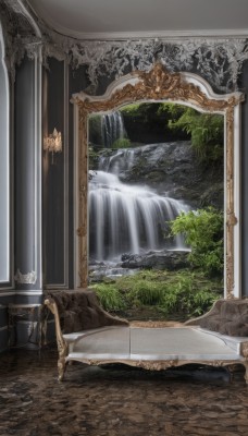 indoors,water,tree,no humans,bed,plant,nature,scenery,couch,mirror,pillar,waterfall,painting (object),fountain,solo,brown hair,1boy,male focus,grass,crown,curtains,picture frame