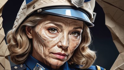 1girl,solo,looking at viewer,blonde hair,brown hair,hat,brown eyes,parted lips,medium hair,uniform,lips,black background,portrait,peaked cap,blue headwear,curly hair,military hat,realistic,nose,red lips,police,police uniform,short hair,closed mouth,eyelashes,helmet,genderswap (mtf),old,wrinkled skin