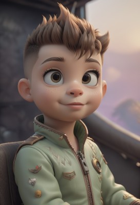 solo,looking at viewer,smile,short hair,brown hair,long sleeves,1boy,brown eyes,jacket,upper body,male focus,parted lips,artist name,bag,blurry,blurry background,backpack,ground vehicle,child,motor vehicle,zipper,freckles,green jacket,male child,patch,outdoors,lips,spiked hair,badge,medal