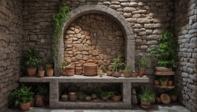 no humans,plant,scenery,stairs,potted plant,wall,brick wall,flower pot,stone wall,brick,door,arch