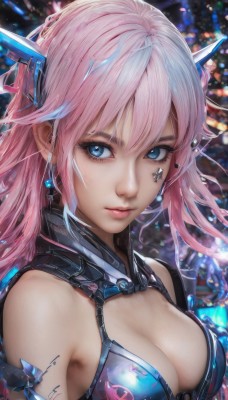 1girl,solo,long hair,breasts,looking at viewer,bangs,blue eyes,hair ornament,cleavage,hair between eyes,bare shoulders,jewelry,medium breasts,closed mouth,upper body,pink hair,multicolored hair,earrings,blurry,lips,clothing cutout,eyelashes,tattoo,makeup,blurry background,headgear,cleavage cutout,science fiction,realistic,nose,barcode,swimsuit,expressionless,close-up,freckles