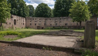 outdoors,sky,day,cloud,tree,blue sky,no humans,window,cloudy sky,grass,building,nature,scenery,forest,road,bush,wall,ruins,house,path,shadow,plant