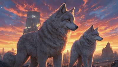 yellow eyes,outdoors,sky,artist name,cloud,signature,no humans,animal,watermark,cloudy sky,building,scenery,sunset,dog,city,realistic,cityscape,animal focus,twilight,wolf,skyscraper,dated,orange sky