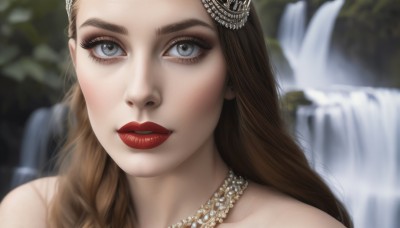 1girl,solo,long hair,looking at viewer,blue eyes,brown hair,hair ornament,bare shoulders,jewelry,braid,earrings,parted lips,water,necklace,blurry,lips,grey eyes,eyelashes,makeup,depth of field,blurry background,lipstick,portrait,close-up,realistic,red lips,waterfall,mascara,fountain