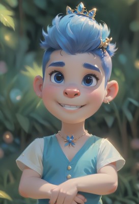 1girl,solo,looking at viewer,blush,smile,short hair,blue eyes,shirt,hair ornament,dress,jewelry,blue hair,white shirt,upper body,short sleeves,earrings,outdoors,teeth,day,necklace,grin,blurry,vest,depth of field,blurry background,blue dress,happy,tiara,aged down,crown,gem,child,nature,furry,pendant,freckles,female child,male child,blue vest,buck teeth,1boy,male focus,leaf,thick eyebrows,personification