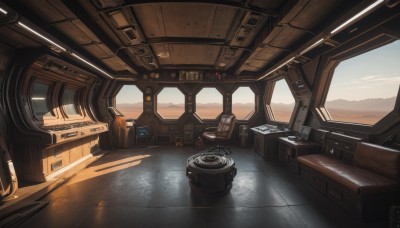 sky,cloud,indoors,no humans,window,chair,scenery,science fiction,realistic,cable,cockpit,day,signature,english text,blue sky,sunlight,tiles,tile floor,spacecraft