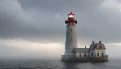 outdoors,sky,day,cloud,water,no humans,window,ocean,cloudy sky,building,scenery,horizon,house,tower,blue sky,clock,scarlet devil mansion,clock tower,chimney