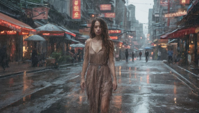 1girl, long hair, brown hair, dress, jewelry, outdoors, solo focus, bracelet, wet, umbrella, ground vehicle, building, walking, rain, city, realistic, car, road, street, puddle, crosswalk