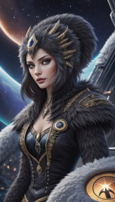 1girl,solo,long hair,breasts,looking at viewer,black hair,dress,cleavage,brown eyes,jewelry,medium breasts,upper body,parted lips,sky,signature,necklace,star (symbol),lips,fur trim,makeup,gem,star (sky),pendant,starry sky,headpiece,nose,headdress,space,planet,earth (planet),feather trim,artist name,moon,feathers,realistic