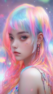 1girl,solo,long hair,looking at viewer,bangs,blue eyes,bare shoulders,jewelry,closed mouth,blue hair,upper body,pink hair,multicolored hair,earrings,star (symbol),black eyes,from side,lips,grey eyes,eyelashes,gradient hair,makeup,gem,portrait,web address,eyeshadow,freckles,realistic,nose,colorful,mascara,rainbow hair,artist name,orange hair,looking to the side,watermark,facial mark,expressionless,pink lips