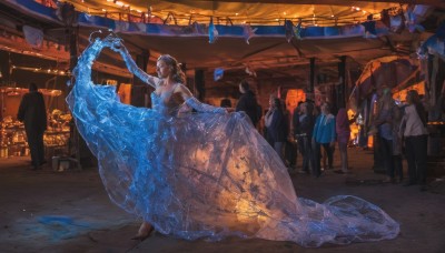 1girl,long hair,breasts,multiple girls,brown hair,black hair,gloves,dress,cleavage,bare shoulders,jewelry,standing,earrings,outdoors,multiple boys,solo focus,indoors,necklace,see-through,strapless,night,blue dress,formal,strapless dress,6+boys,skirt hold,dancing,crowd,people,medium breasts,closed eyes,barefoot,elbow gloves,water,6+girls,suit,walking,realistic