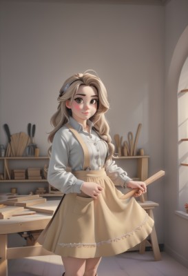 1girl,solo,long hair,breasts,looking at viewer,blush,skirt,brown hair,shirt,hair ornament,long sleeves,brown eyes,closed mouth,standing,white shirt,braid,hairband,socks,collared shirt,indoors,apron,lips,feet out of frame,table,light brown hair,suspenders,hair over shoulder,freckles,brown skirt,wooden floor,skirt hold,paintbrush,smile,holding,medium breasts,food,artist name,dress shirt,buttons,thick eyebrows,nose,suspender skirt,yellow skirt,tongs