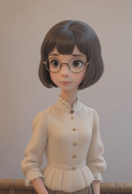 1girl,solo,looking at viewer,smile,short hair,bangs,skirt,brown hair,shirt,hair ornament,long sleeves,brown eyes,closed mouth,standing,white shirt,upper body,frills,glasses,hairclip,artist name,black eyes,lips,eyelashes,buttons,bob cut,thick eyebrows,light smile,blouse,grey skirt,black-framed eyewear,brown skirt,pink lips,nose,round eyewear,sleeves past elbows,simple background,black hair,makeup,red lips