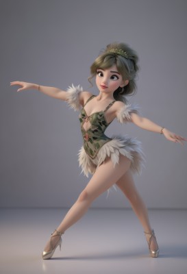 1girl,solo,long hair,breasts,brown hair,black hair,hair ornament,cleavage,bare shoulders,jewelry,standing,full body,ponytail,pantyhose,small breasts,black eyes,high heels,bracelet,leotard,lips,makeup,outstretched arms,tiara,spread arms,dancing,green leotard,ballerina,ballet slippers,ballet,tutu,smile,dress,green eyes,parted lips,nail polish,flat chest,bare legs,feathers