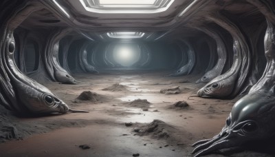 no humans,scenery,science fiction,monster,realistic,sand,alien,spacecraft,indoors,tentacles,light,creature,spacesuit