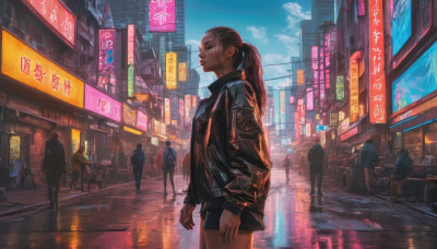 1girl, long hair, brown hair, long sleeves, standing, jacket, ponytail, outdoors, sky, shorts, solo focus, black jacket, night, ground vehicle, building, scenery, motor vehicle, reflection, walking, city, sign, realistic, road, street, cyberpunk, neon lights, crosswalk