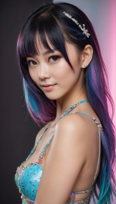 1girl,solo,long hair,breasts,looking at viewer,smile,bangs,black hair,hair ornament,cleavage,bare shoulders,brown eyes,jewelry,medium breasts,closed mouth,underwear,blue hair,swimsuit,upper body,purple hair,bikini,multicolored hair,earrings,small breasts,artist name,bra,black eyes,from side,two-tone hair,lips,gradient,looking to the side,gradient hair,realistic,nose,stud earrings,simple background,necklace,gradient background,eyelashes,watermark,pink background