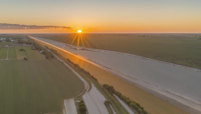 outdoors,sky,cloud,water,tree,no humans,ocean,beach,sunlight,scenery,sunset,mountain,sand,sun,horizon,road,river,landscape,shore,orange sky,grass,ground vehicle,nature,forest,bush,path