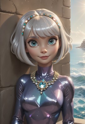 1girl,solo,breasts,looking at viewer,smile,short hair,bangs,blue eyes,long sleeves,jewelry,medium breasts,closed mouth,upper body,white hair,grey hair,hairband,small breasts,outdoors,sky,day,shiny,artist name,cloud,water,necklace,shiny hair,aqua eyes,lips,eyelashes,bodysuit,makeup,shadow,turtleneck,ocean,watermark,beach,sunlight,bob cut,lipstick,gem,skin tight,web address,pendant,freckles,shiny clothes,nose,sun,horizon,black bodysuit,red lips,wall,latex,waves,blue gemstone,mascara,latex bodysuit,blue sky,swept bangs,light smile,light particles,pink lips,eyeliner