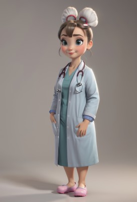 1girl,solo,looking at viewer,smile,short hair,simple background,brown hair,long sleeves,dress,brown eyes,closed mouth,standing,full body,white hair,multicolored hair,hair bun,two-tone hair,lips,double bun,shadow,child,hands in pockets,labcoat,pink footwear,female child,slippers,stethoscope,doctor,blush,blue eyes,hair ornament,shoes,realistic