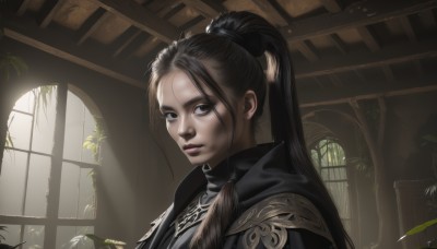 1girl,solo,long hair,looking at viewer,black hair,brown eyes,closed mouth,upper body,ponytail,indoors,armor,black eyes,lips,window,feathers,high ponytail,plant,portrait,nose,brown hair,sunlight,forehead,light rays,realistic