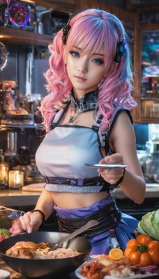 1girl,solo,long hair,breasts,looking at viewer,smile,bangs,blue eyes,skirt,shirt,hair ornament,holding,bare shoulders,jewelry,medium breasts,pink hair,food,sleeveless,midriff,indoors,miniskirt,necklace,nail polish,blurry,bracelet,lips,blue skirt,crop top,fingernails,sleeveless shirt,detached collar,fruit,depth of field,blurry background,wavy hair,wristband,pink nails,plate,bowl,chopsticks,realistic,spoon,fork,noodles,incoming food,pasta,twintails,closed mouth,upper body,hairband,apron,watermark,knife,pendant,carrot,cooking,holding spoon,orange (fruit),kitchen,vegetable,onion