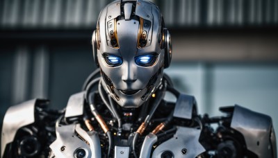 solo,looking at viewer,smile,blue eyes,1boy,upper body,male focus,blurry,no humans,depth of field,blurry background,glowing,robot,portrait,mecha,glowing eyes,science fiction,realistic,android,cable,straight-on,cyborg,robot joints,cyberpunk,humanoid robot,1girl,armor,close-up,machinery